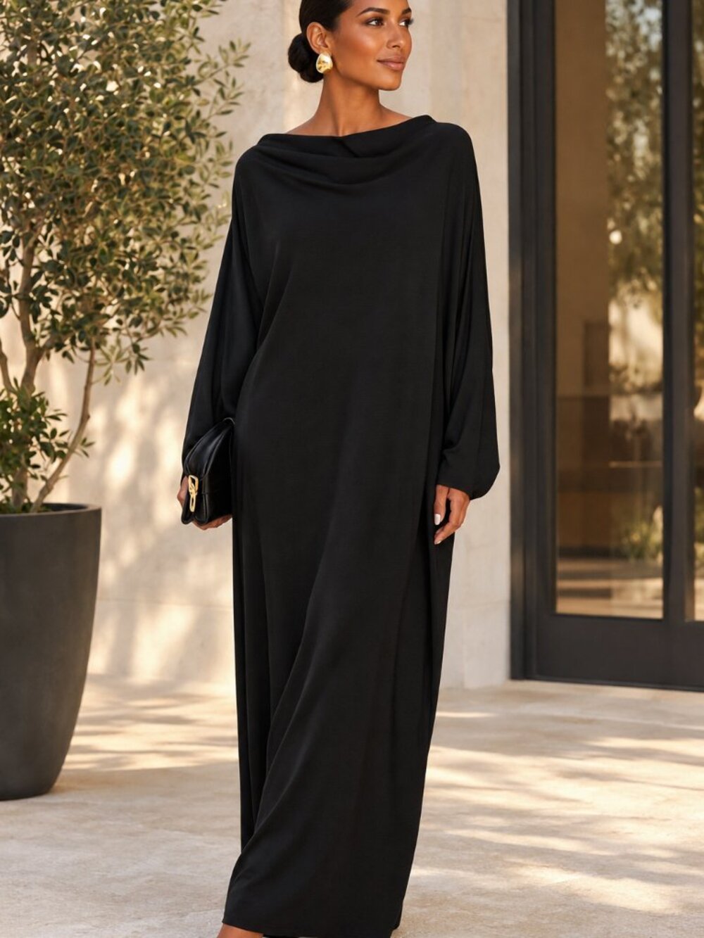 Norma Kamali Black Draped Cowl Neck Batwing Maxi Dress S/36